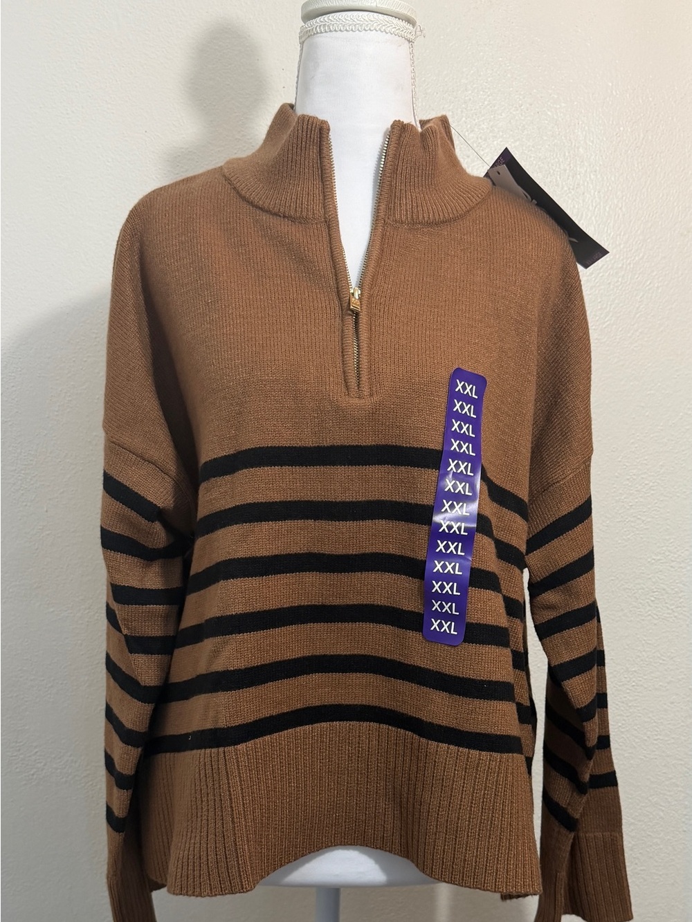 Dkny Brown and Black Striped Half-Zip Turtleneck Sweater
